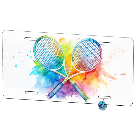 Crossed Tennis Rackets Watercolor Metal Vanity Novelty Tag License Plate for Trucks Cars SUVs