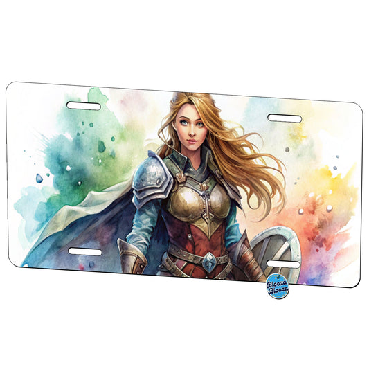 Fantasy Female Fighter Sword Shield-maiden Watercolor Metal Vanity Novelty Tag License Plate for Trucks Cars SUVs