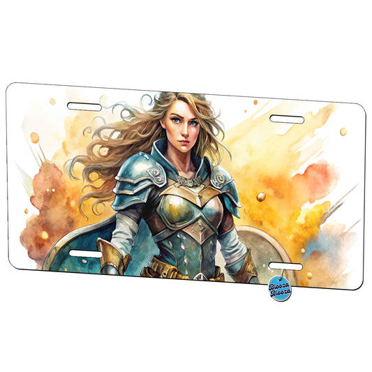 Fantasy Female Fighter Warrior Shield-maiden Watercolor Metal Vanity Novelty Tag License Plate for Trucks Cars SUVs