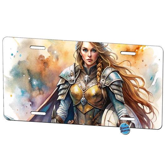 Fantasy Female Warrior Paladin Watercolor Metal Vanity Novelty Tag License Plate for Trucks Cars SUVs
