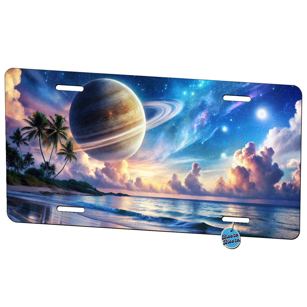 Fantasy Sci-fi World Saturn Rising Over Beach Metal Vanity Novelty Tag License Plate for Trucks Cars SUVs