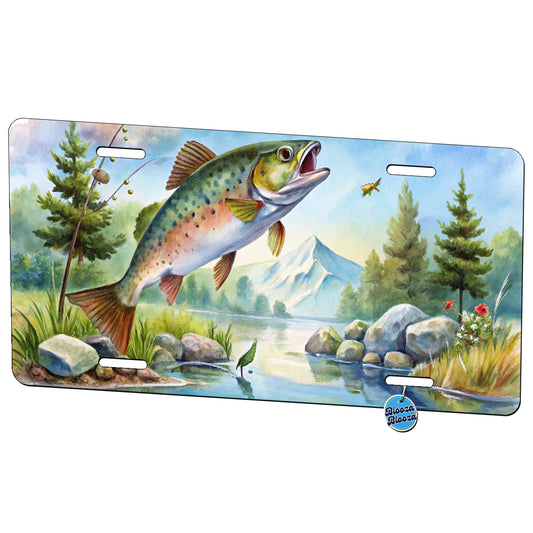 Fish Jumping Stream Lake Fishing Watercolor Metal Vanity Novelty Tag License Plate for Trucks Cars SUVs