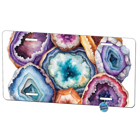 Geode Volcanic Crystals Cut Open Watercolor Metal Vanity Novelty Tag License Plate for Trucks Cars SUVs