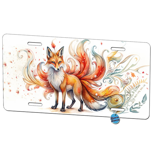 Kitsune Fox With Many Tails Asian Japanese Spirit Folklore Watercolor Metal Vanity Novelty Tag License Plate for Trucks Cars SUVs