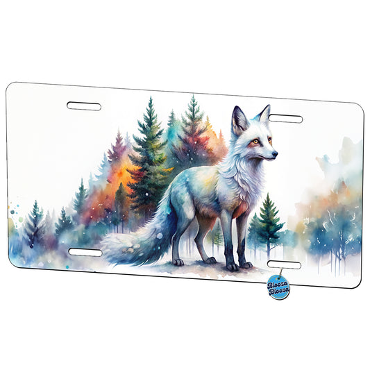 Kitsune White Fox Asian Japanese In Forest Watercolor Metal Vanity Novelty Tag License Plate for Trucks Cars SUVs