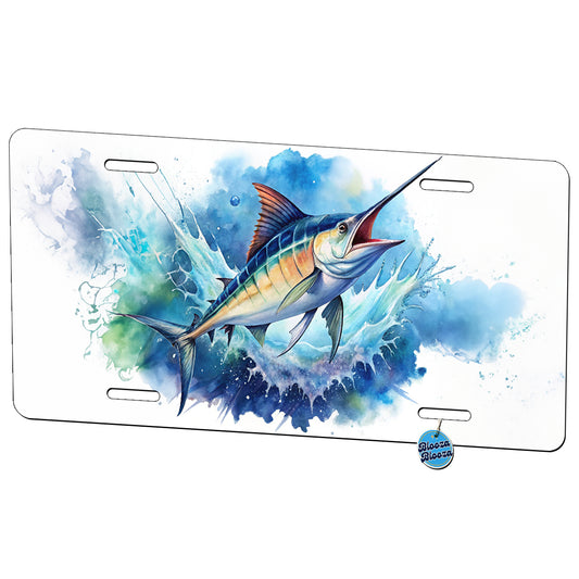 Marlin Jumping In The Ocean Deep Sea Sport Fishing Watercolor Metal Vanity Novelty Tag License Plate for Trucks Cars SUVs