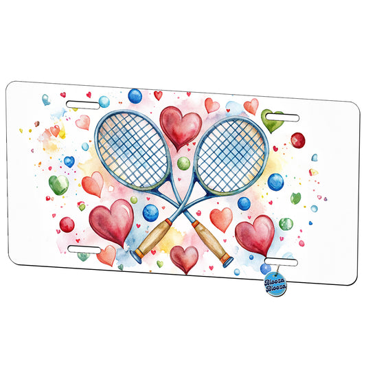 Tennis Rackets Crossed With Hearts Watercolor Metal Vanity Novelty Tag License Plate for Trucks Cars SUVs