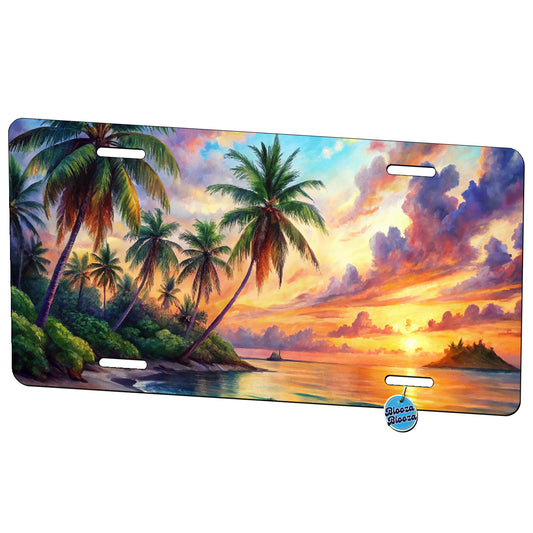 Tropical Beach At Sunset Watercolor Metal Vanity Novelty Tag License Plate for Trucks Cars SUVs