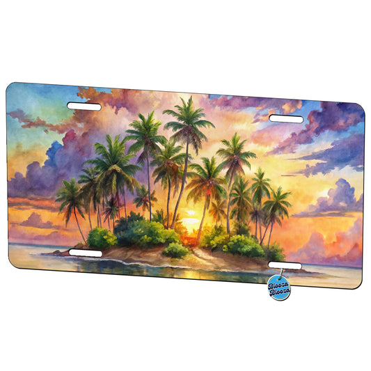Tropical Deserted Island At Sunrise Watercolor Metal Vanity Novelty Tag License Plate for Trucks Cars SUVs