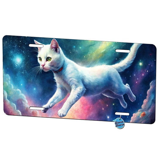 White Cat Flying Through Space Funny Watercolor Metal Vanity Novelty Tag License Plate for Trucks Cars SUVs