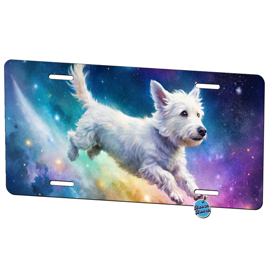 White Dog Flying Through Space Funny Watercolor Metal Vanity Novelty Tag License Plate for Trucks Cars SUVs