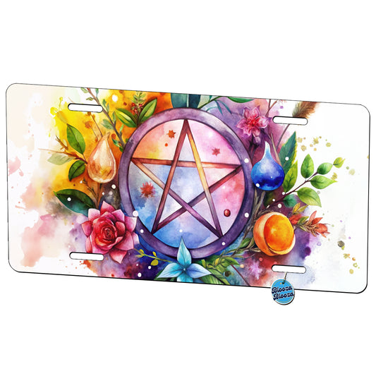 Witch Wiccan Pentagram Floral Watercolor Metal Vanity Novelty Tag License Plate for Trucks Cars SUVs