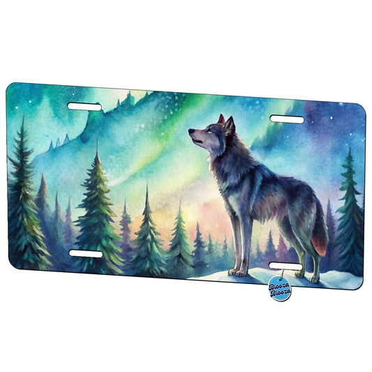 Wolf And Northern Lights Watercolor Metal Vanity Novelty Tag License Plate for Trucks Cars SUVs
