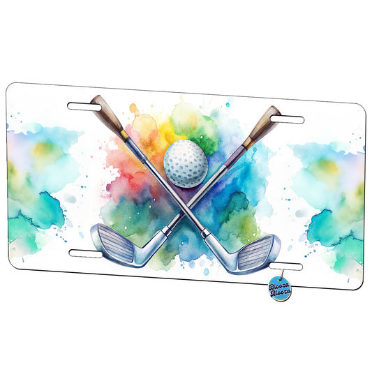 Crossed Golf Clubs And Ball Watercolor Metal Vanity Novelty Tag License Plate for Trucks Cars SUVs