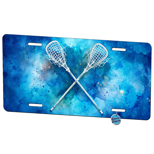 Crossed Lacrosse Sticks On Blue Background Metal Vanity Novelty Tag License Plate for Trucks Cars SUVs
