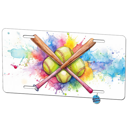 Crossed Softball Bats And Balls Watercolor Metal Vanity Novelty Tag License Plate for Trucks Cars SUVs