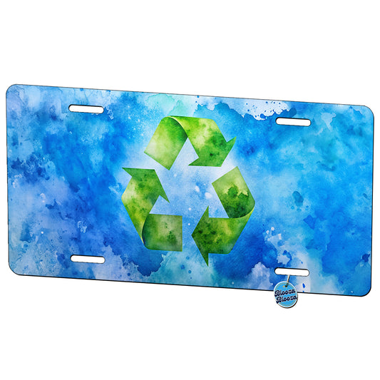 Green Recycle Symbol On A Blue Background Watercolor Metal Vanity Novelty Tag License Plate for Trucks Cars SUVs