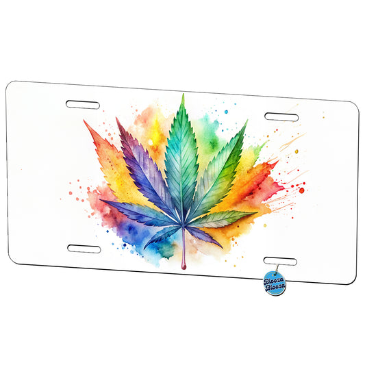 Marijuana Leaf Rainbow Watercolor Metal Vanity Novelty Tag License Plate for Trucks Cars SUVs