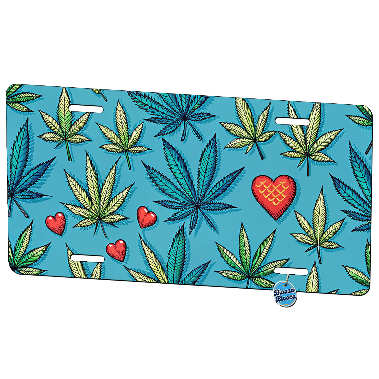Marijuana Leaves And Hearts Blue Background Metal Vanity Novelty Tag License Plate for Trucks Cars SUVs