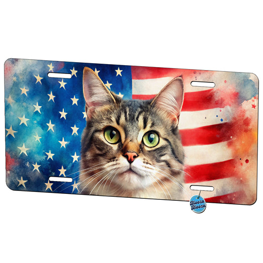 Patriotic Cat Watercolor American Flag Background Metal Vanity Novelty Tag License Plate for Trucks Cars SUVs