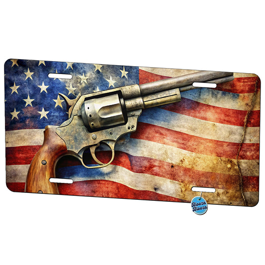 Patriotic Western Revolver With American Flag 2nd Amendment Watercolor Metal Vanity Novelty Tag License Plate for Trucks Cars SUVs