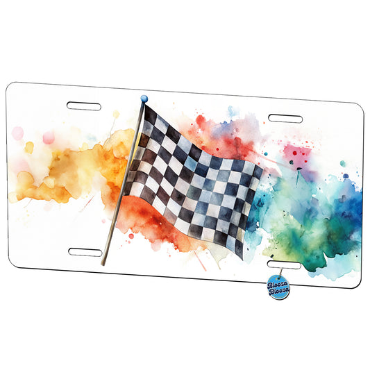 Racing Checkered Flag Watercolor Metal Vanity Novelty Tag License Plate for Trucks Cars SUVs