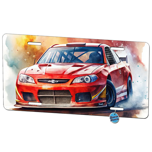 Red Stock Racing Car Watercolor Metal Vanity Novelty Tag License Plate for Trucks Cars SUVs