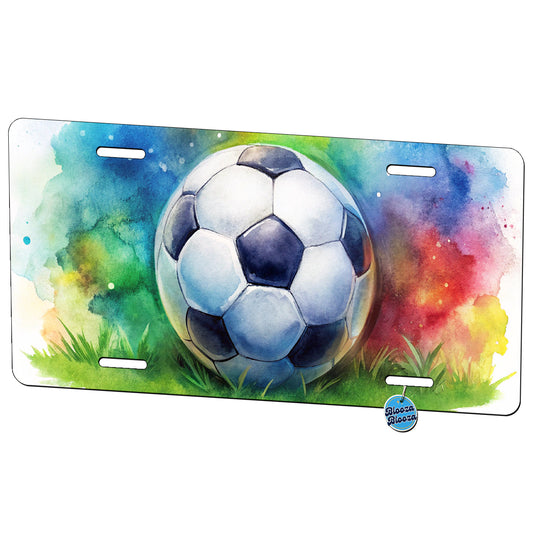 Soccer Ball On Field Watercolor Metal Vanity Novelty Tag License Plate for Trucks Cars SUVs