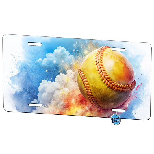 Softball Rocketing Through The Sky Watercolor Metal Vanity Novelty Tag License Plate for Trucks Cars SUVs