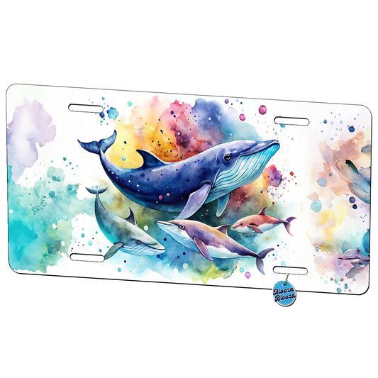 Whales Family Colorful Watercolor Metal Vanity Novelty Tag License Plate for Trucks Cars SUVs