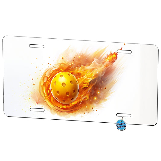 Yellow Pickleball Ball Rocketing Through The Air Metal Vanity Novelty Tag License Plate for Trucks Cars SUVs