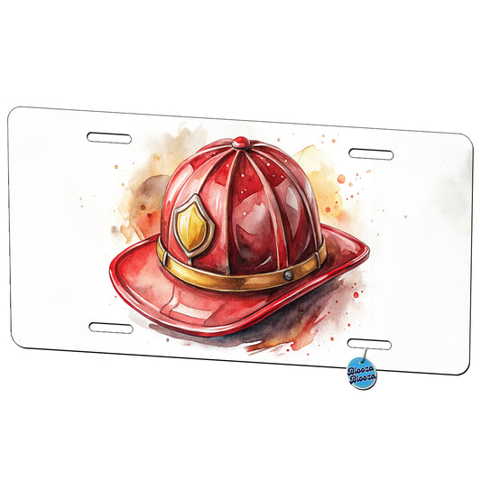 Classic Red Firefighter Fireman Helmet Watercolor Metal Vanity Novelty Tag License Plate for Trucks Cars SUVs