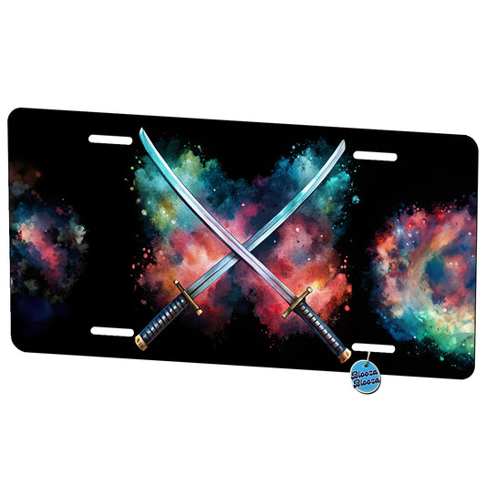 Crossed Katana Samurai Ninja Swords Black Watercolor Metal Vanity Novelty Tag License Plate for Trucks Cars SUVs