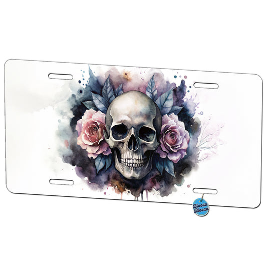 Death Skull Roses Black Watercolor Metal Vanity Novelty Tag License Plate for Trucks Cars SUVs