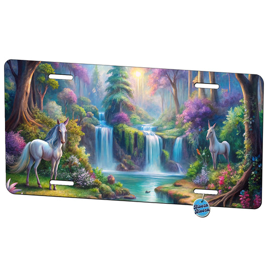 Fantasy Forest Waterfalls and White Horses Watercolor Metal Vanity Novelty Tag License Plate for Trucks Cars SUVs