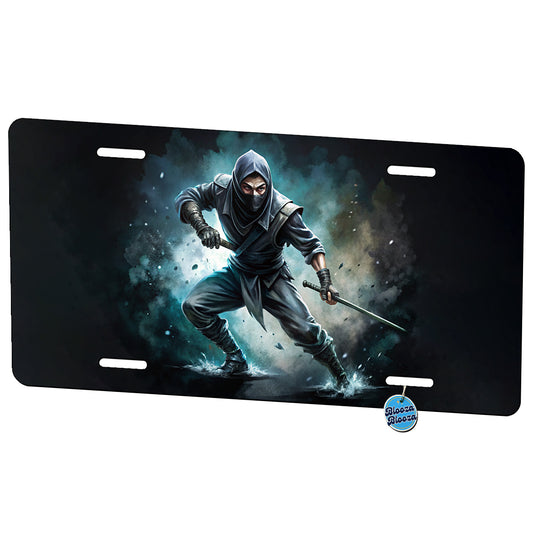 Ninja with Katana Sword Black Watercolor Metal Vanity Novelty Tag License Plate for Trucks Cars SUVs