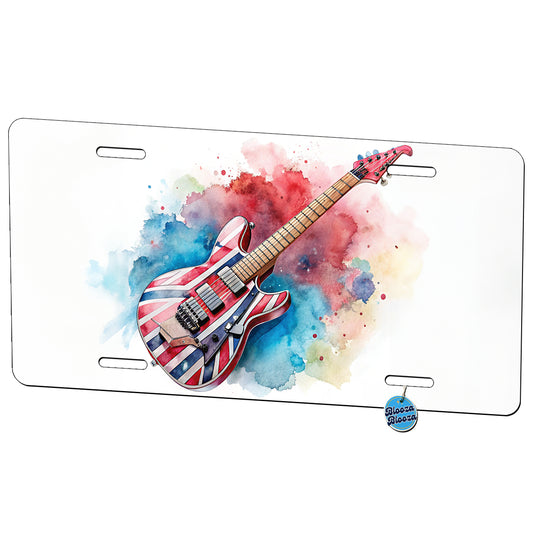 Red White Blue Rock and Roll Guitar Watercolor Metal Vanity Novelty Tag License Plate for Trucks Cars SUVs