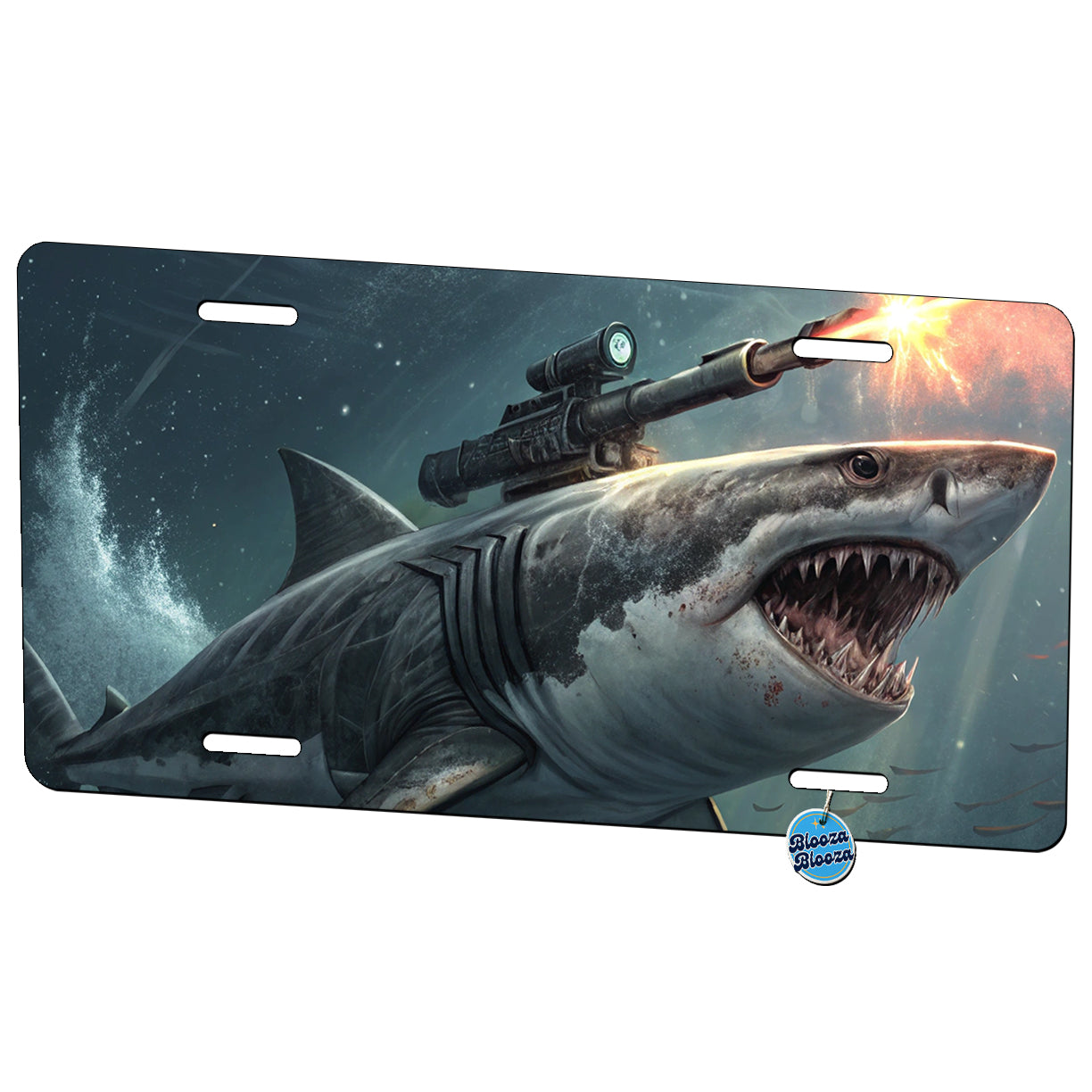 Shark With Laser Gun Mounted On Its Back Metal Vanity Novelty Tag License Plate for Trucks Cars SUVs