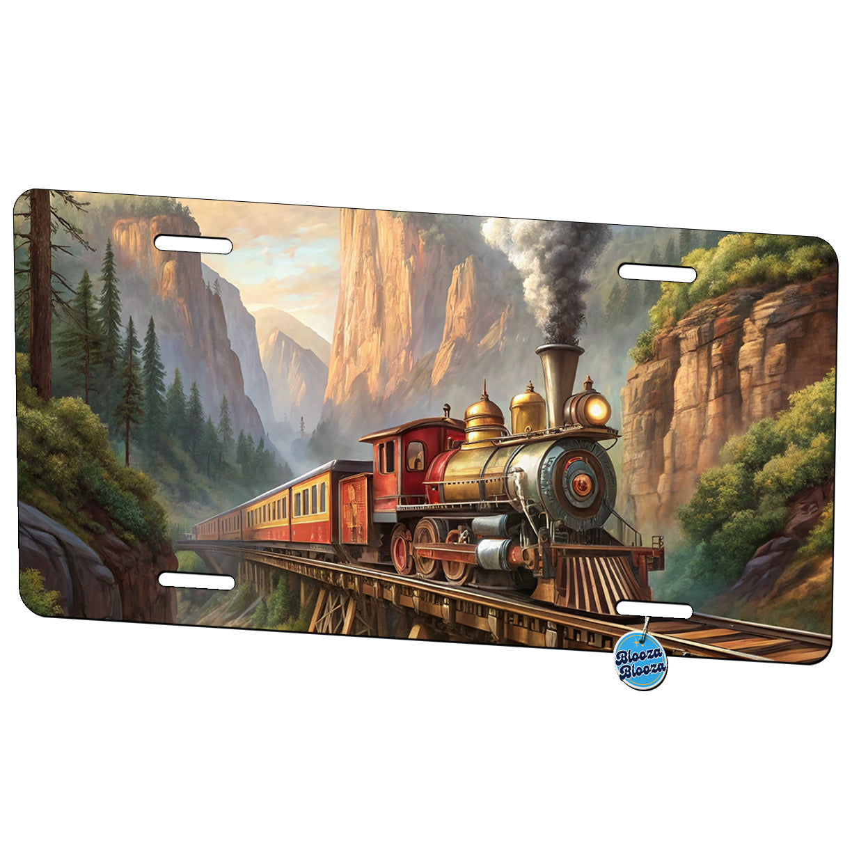 Steam Locomotive Crossing Gorge Old West Western Metal Vanity Novelty Tag License Plate for Trucks Cars SUVs