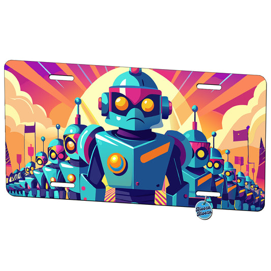 Vibrant Colored Sci-fi Robot Army Marching Metal Vanity Novelty Tag License Plate for Trucks Cars SUVs