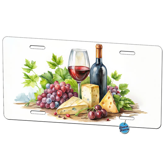 Wine Cheese Grapes Watercolor Metal Vanity Novelty Tag License Plate for Trucks Cars SUVs
