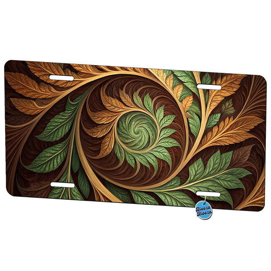 Abstract Brown Green Leaves Swirl Metal Vanity Novelty Tag License Plate for Trucks Cars SUVs