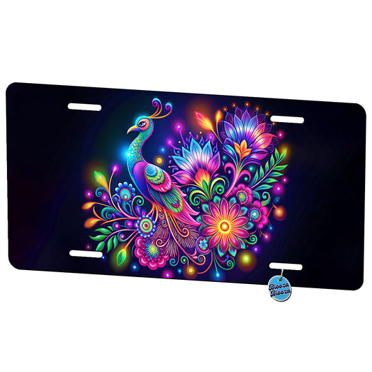 Abstract Neon Peacock Floral Design Metal Vanity Novelty Tag License Plate for Trucks Cars SUVs