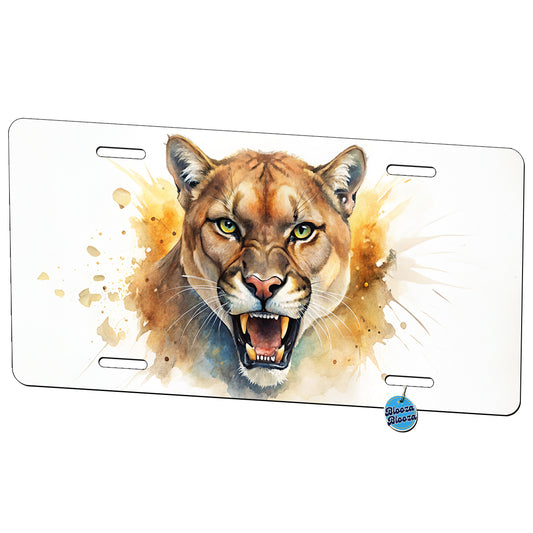 Angry Mountain Lion Cougar Watercolor Metal Vanity Novelty Tag License Plate for Trucks Cars SUVs