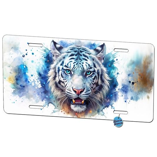 Angry White Tiger Watercolor Metal Vanity Novelty Tag License Plate for Trucks Cars SUVs