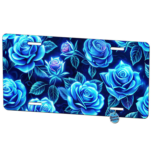 Blue Neon Rose Floral Pattern Metal Vanity Novelty Tag License Plate for Trucks Cars SUVs
