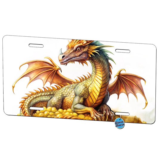 Fantasy Dragon and Gold Horde Watercolor Metal Vanity Novelty Tag License Plate for Trucks Cars SUVs