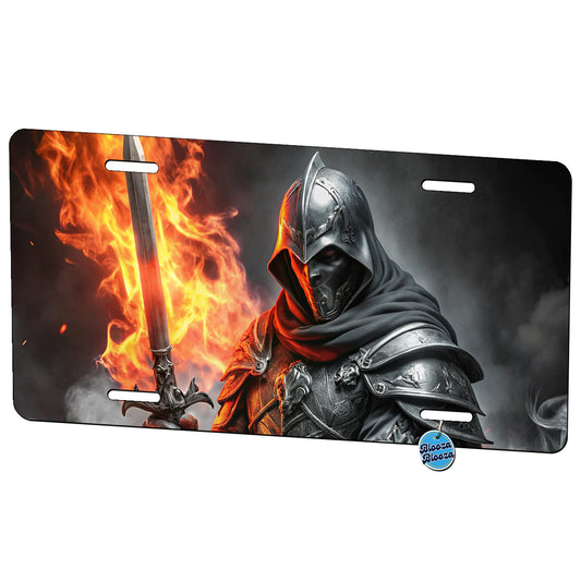 Fantasy Warrior Knight with Flaming Sword Metal Vanity Novelty Tag License Plate for Trucks Cars SUVs