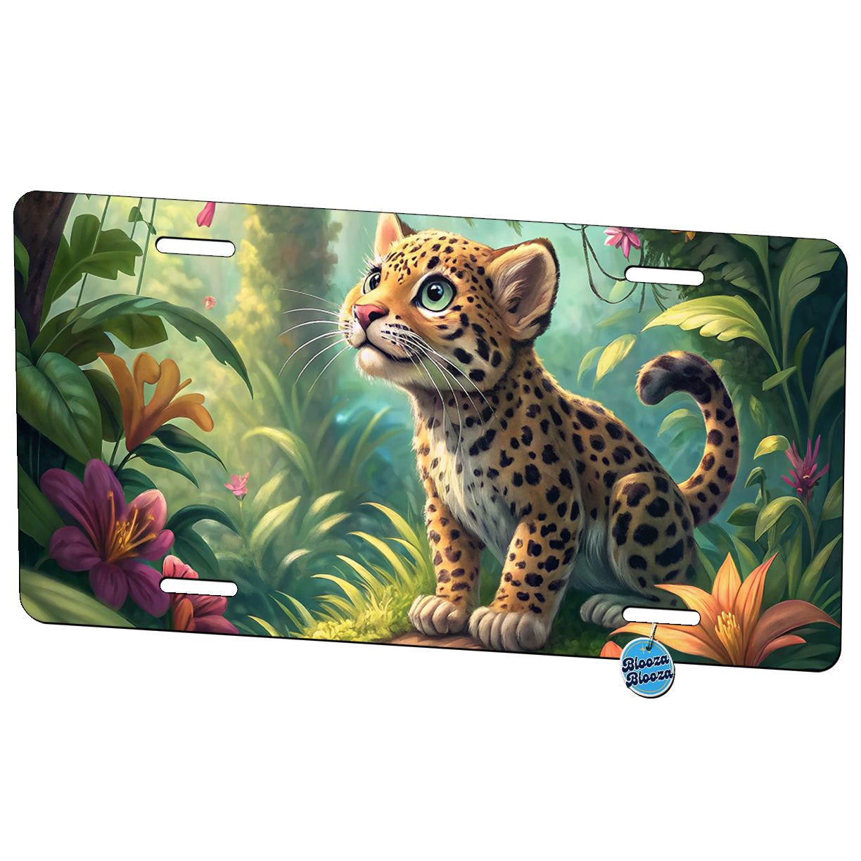 Jaguar Cat In Jungle Children's Illustration Style Metal Vanity Novelty Tag License Plate for Trucks Cars SUVs