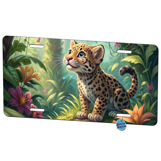 Jaguar Cat In Jungle Children's Illustration Style Metal Vanity Novelty Tag License Plate for Trucks Cars SUVs